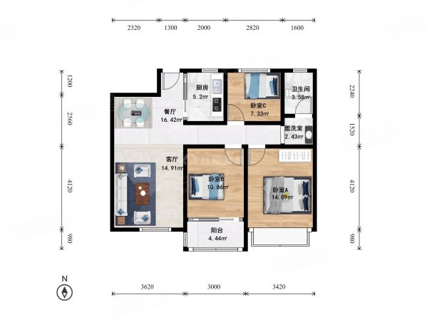 中铁逸都3室2厅1卫88.62㎡南155万