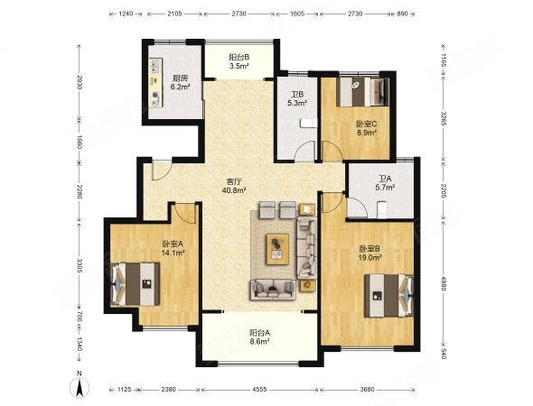 万特公馆(b区一期)3室2厅2卫134.75㎡南北89.9万