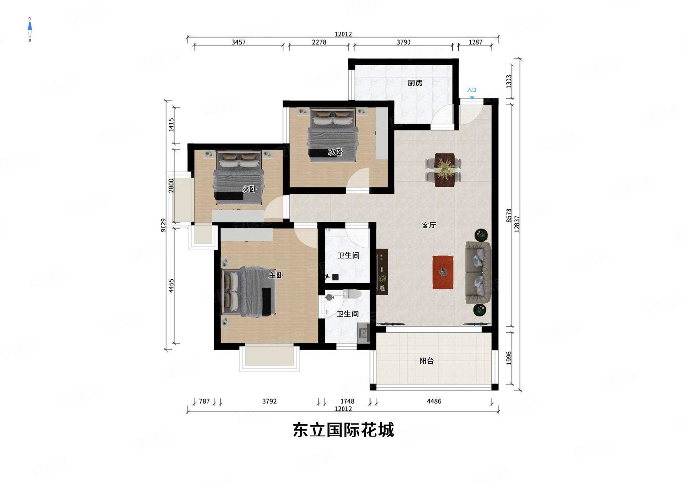 东立国际花城3室2厅2卫101.84㎡南北147万