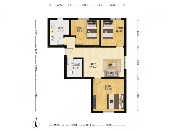 首开华润花香四季3室1厅1卫88.69㎡南北499万