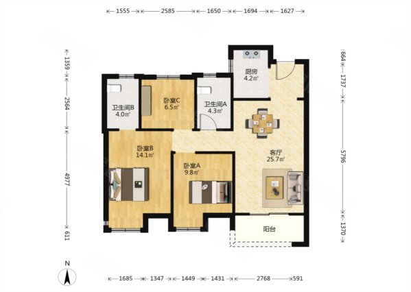 当代云谷3室2厅2卫103㎡南北115万
