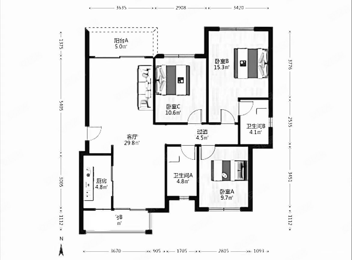 保利熙园3室2厅2卫111.22㎡东南188万