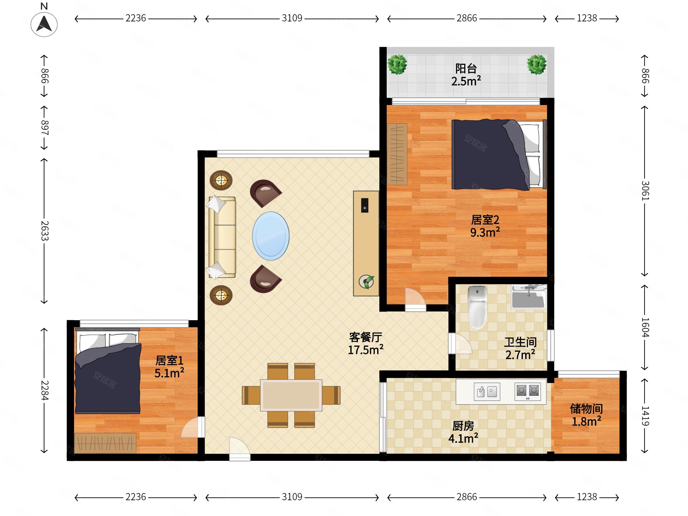 凤凰雅居2室2厅1卫48.92㎡西北245万