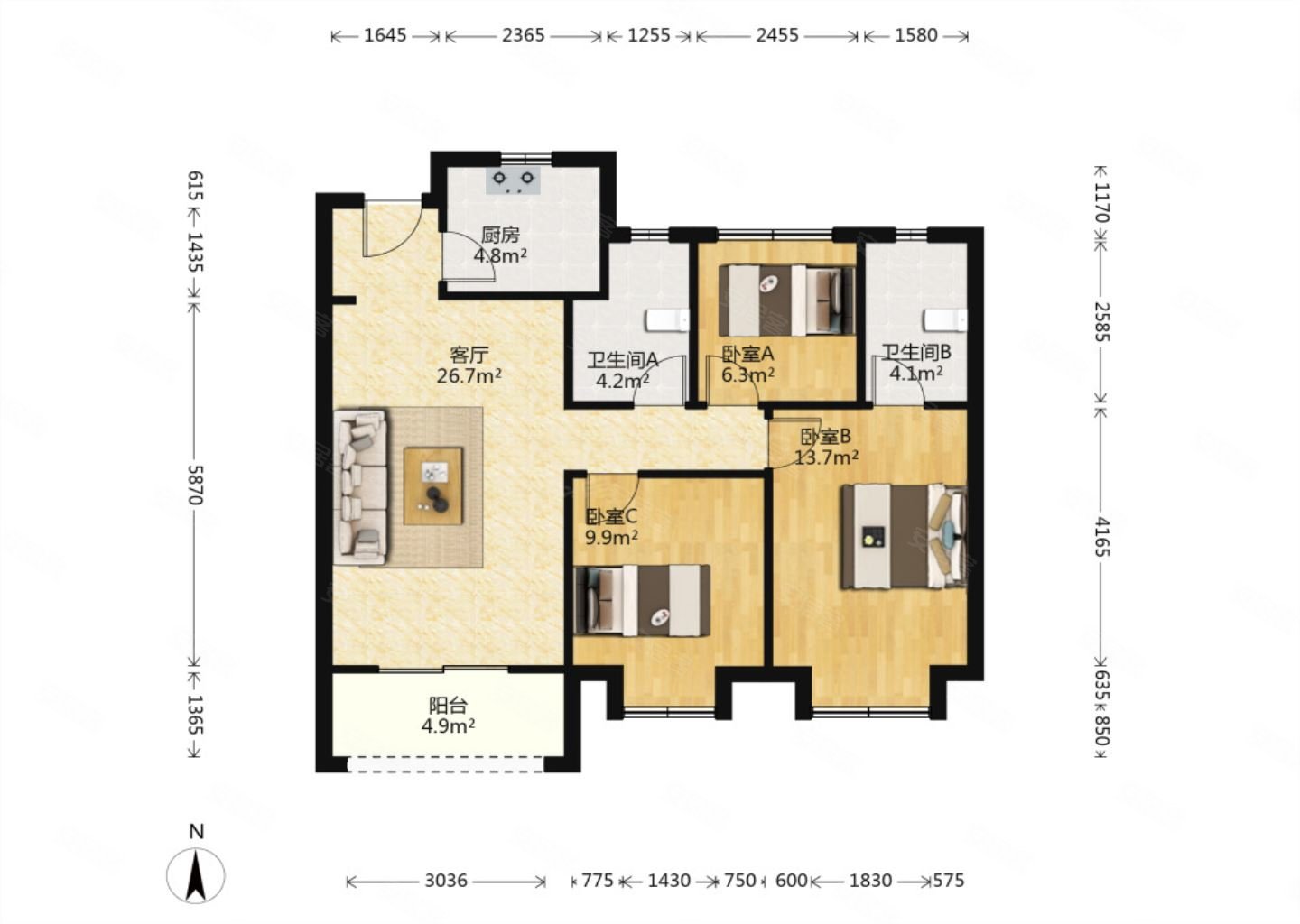 龙湖物业 采光无遮挡,江与城二手房,365万,3室2厅,2卫,96平米-南京