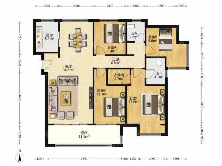 金地中心风华4室2厅2卫143.1㎡南360万