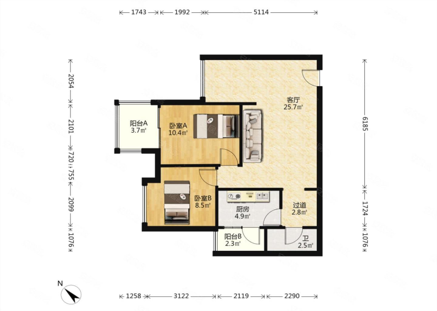 绿地国际花都三期2室2厅西南