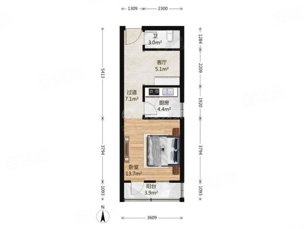 车站西街17号院1室1厅1卫42.67㎡南270万