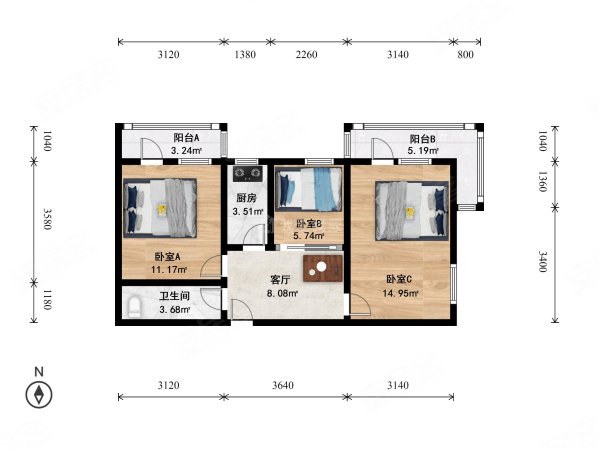 农光南里3室1厅1卫75.84㎡东北388万