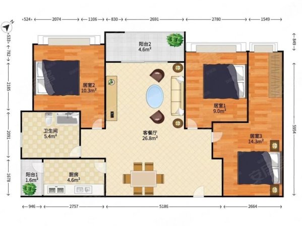 亚钢1号3室2厅2卫45㎡南北56.55万