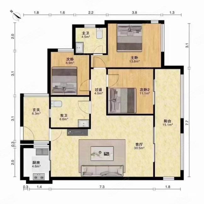 九洲名苑3室2厅2卫98.5㎡南北57万