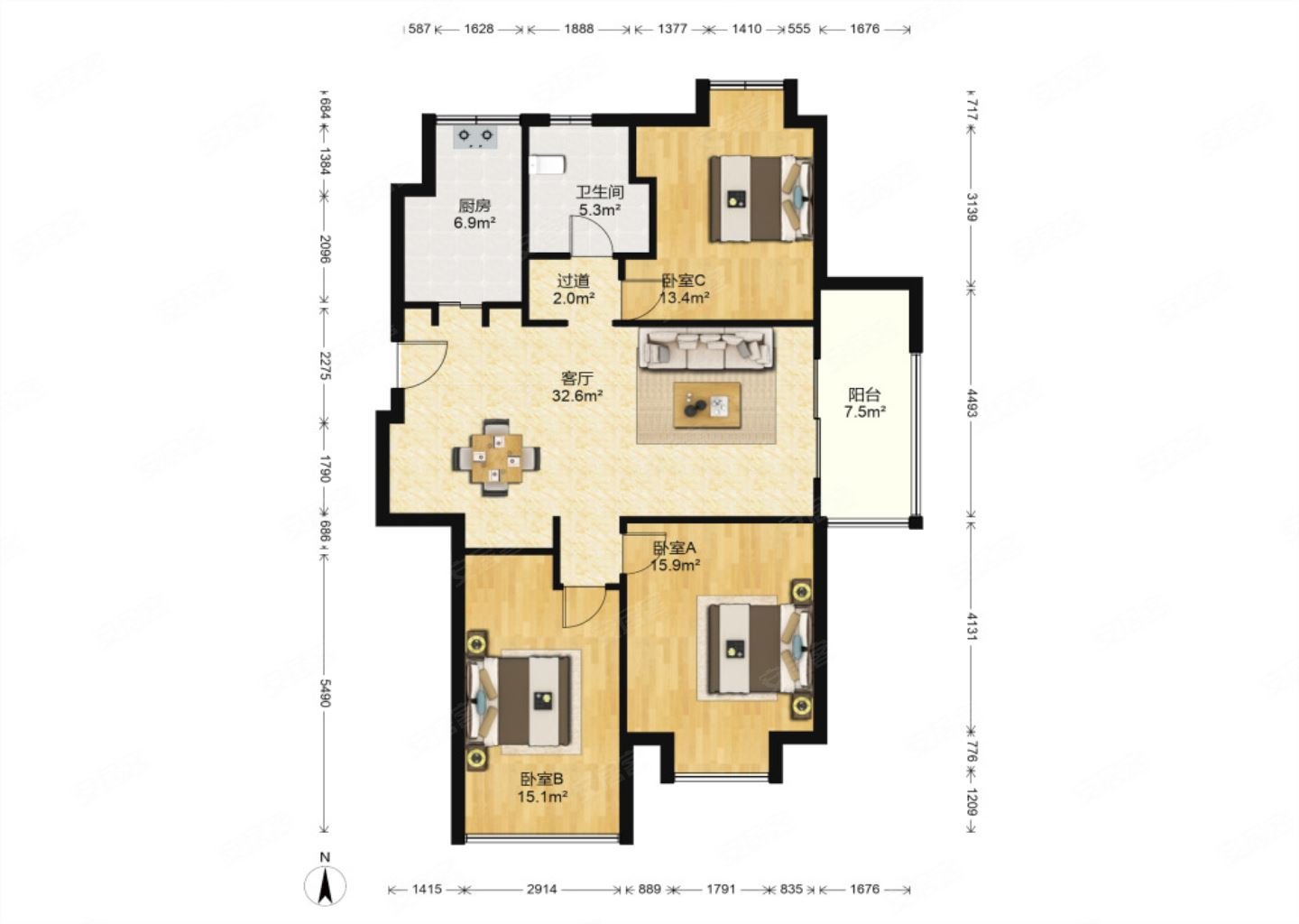 宇业东方红郡3室2厅1卫109.13㎡南260万