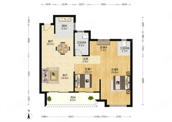 中天江南诚品3室2厅2卫109.32㎡南北179万