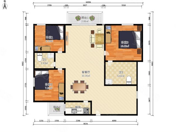 新时代家园3室2厅2卫102.6㎡南225万