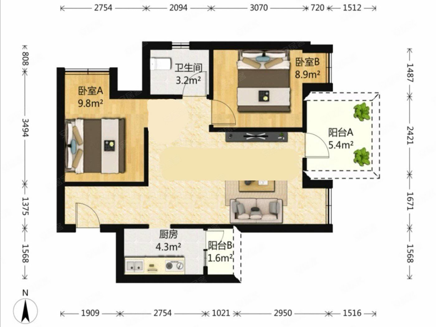瑞同优米3室2厅1卫68.91㎡南北85万