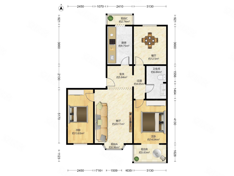 枣园小区 精装三居 眼镜户型