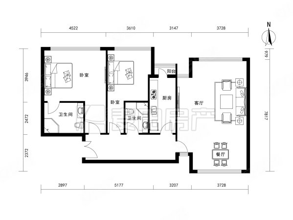 华贸公寓2室2厅2卫137.89㎡南北1100万