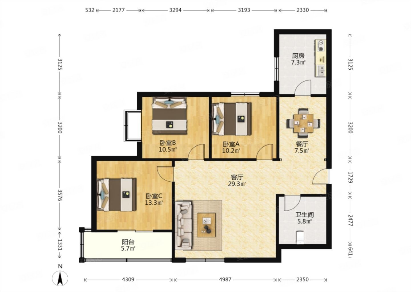 海荣名城3室2厅1卫118.64㎡南北165万