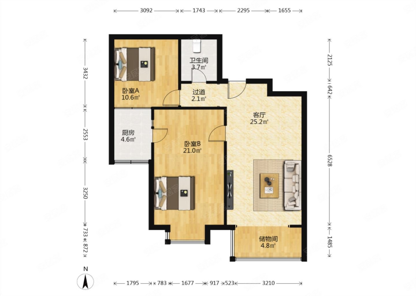 汇翠花园2室2厅1卫96.59㎡南131万