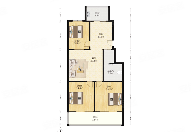 富丽花园3室2厅1卫121.57㎡南北166万
