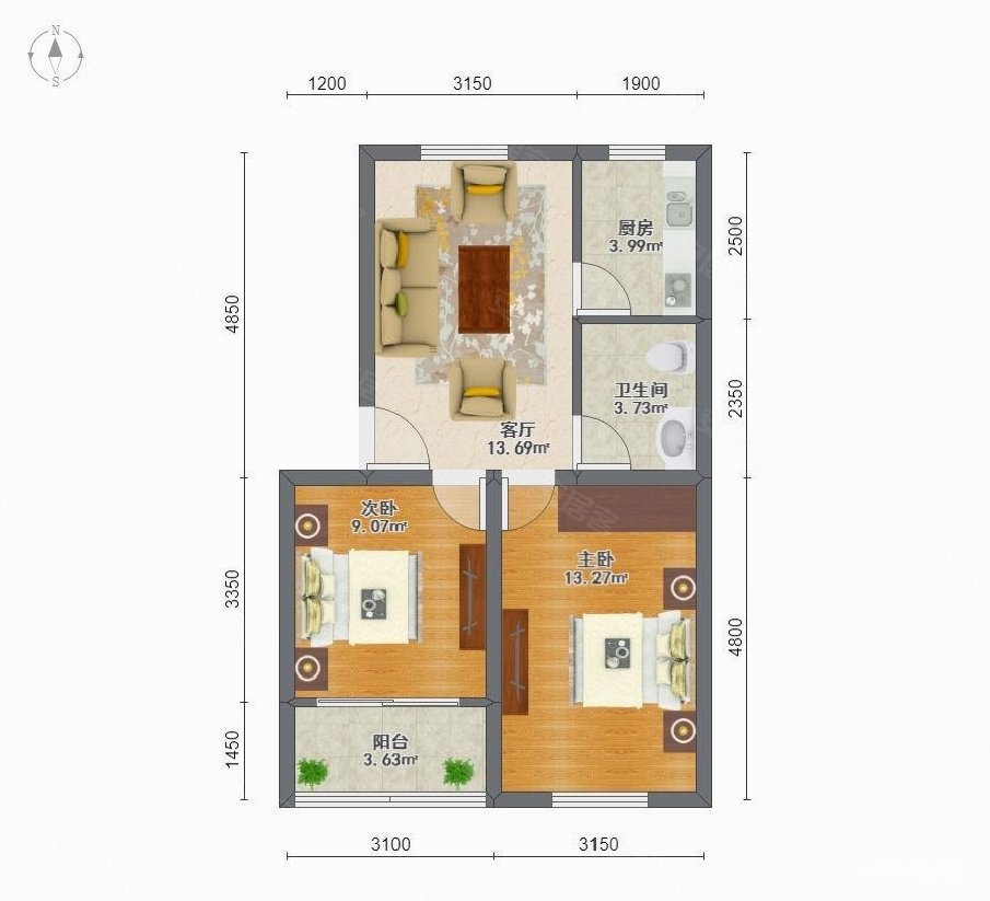 张江镇古桐住宅小区2室1厅1卫71.59㎡南北380万