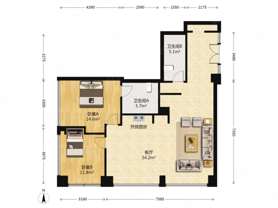 建外soho东区2室1厅2卫137㎡西南800万