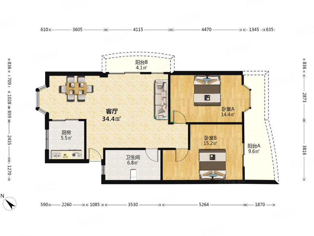 香江花园四期2室2厅1卫96㎡南北165万