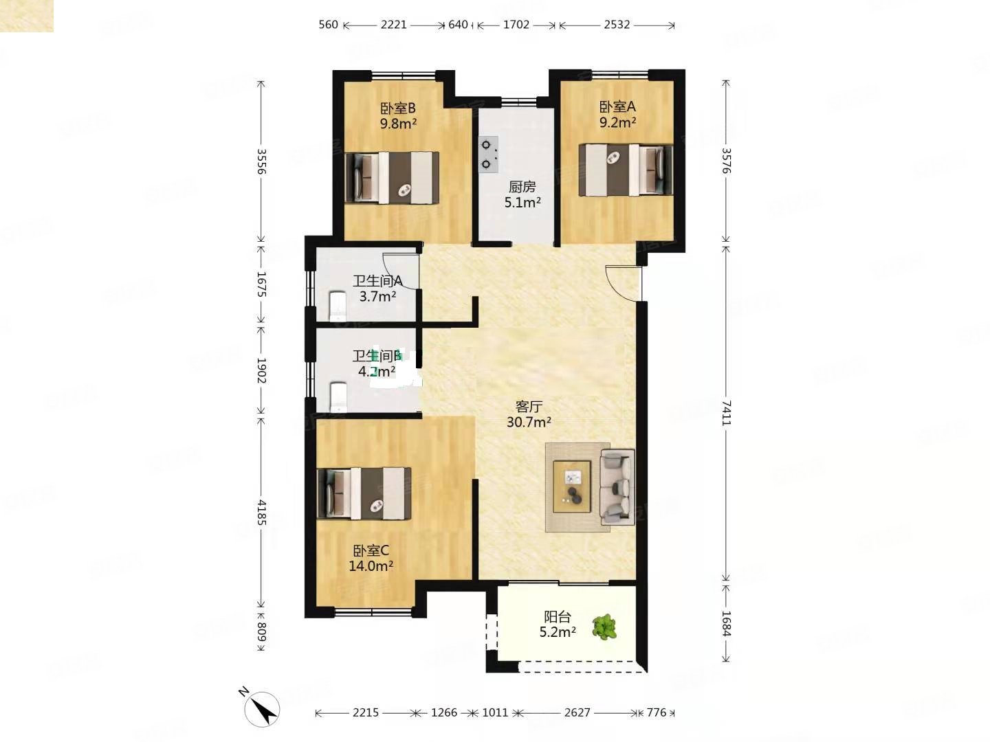 保利清能西海岸南区109平电梯房满二3室2厅采