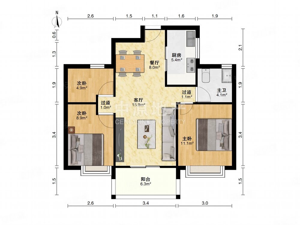 绿地天呈3室2厅1卫91.49㎡南396万