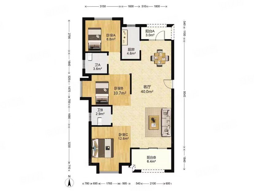 只有1栋有的户型中建大公馆一期3房2卫户型方正随时看