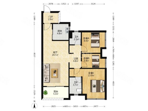 新城璟城3室2厅2卫97.4㎡南90万