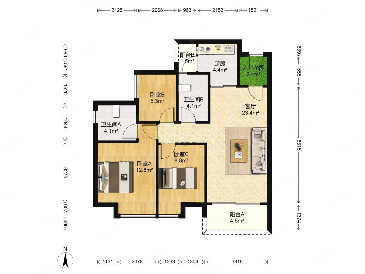 华润天合3室2厅2卫89㎡南570万