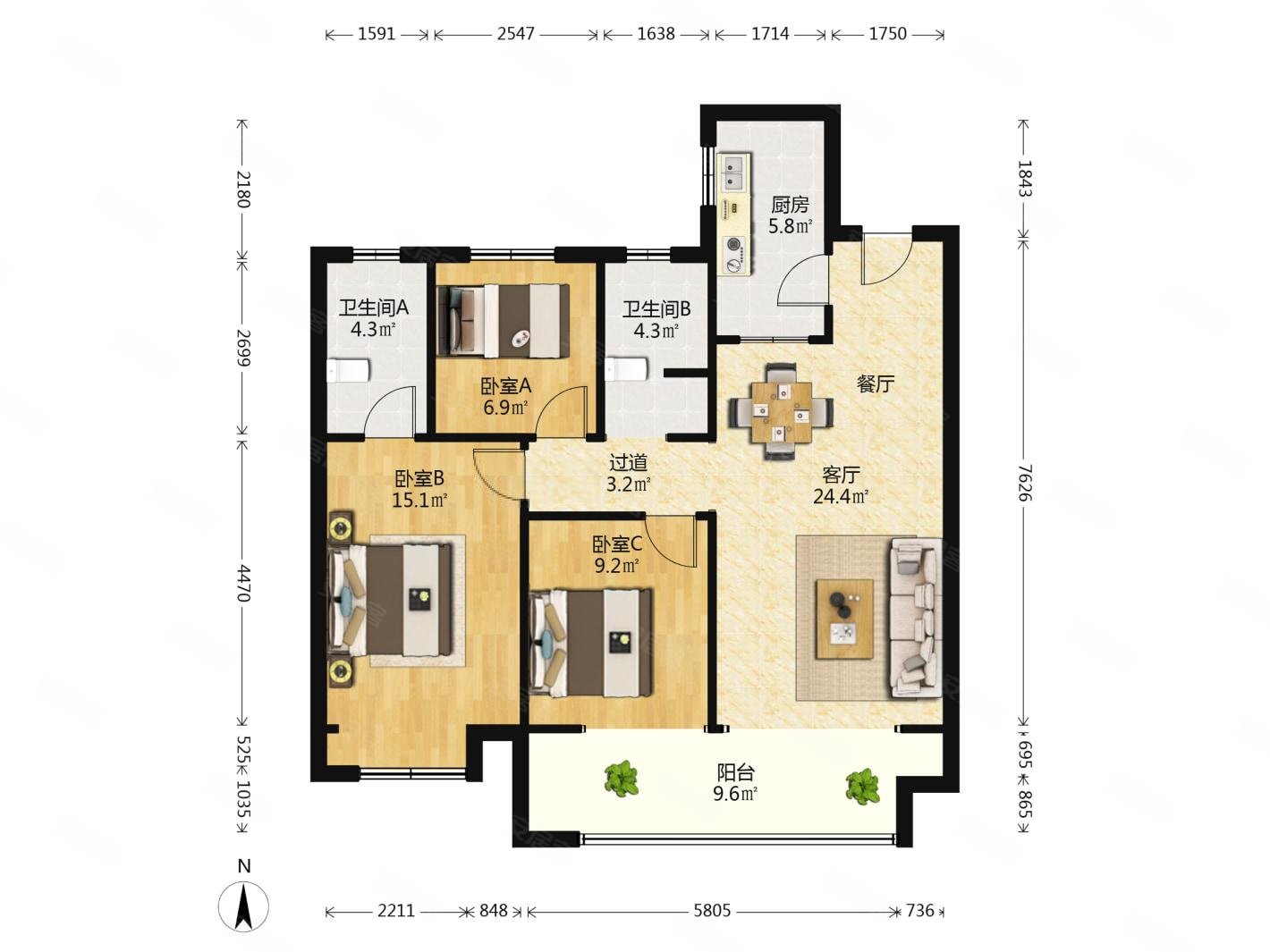 万科四季都会二手房,185万,3室2厅,1卫,105.76平米-常州安居客