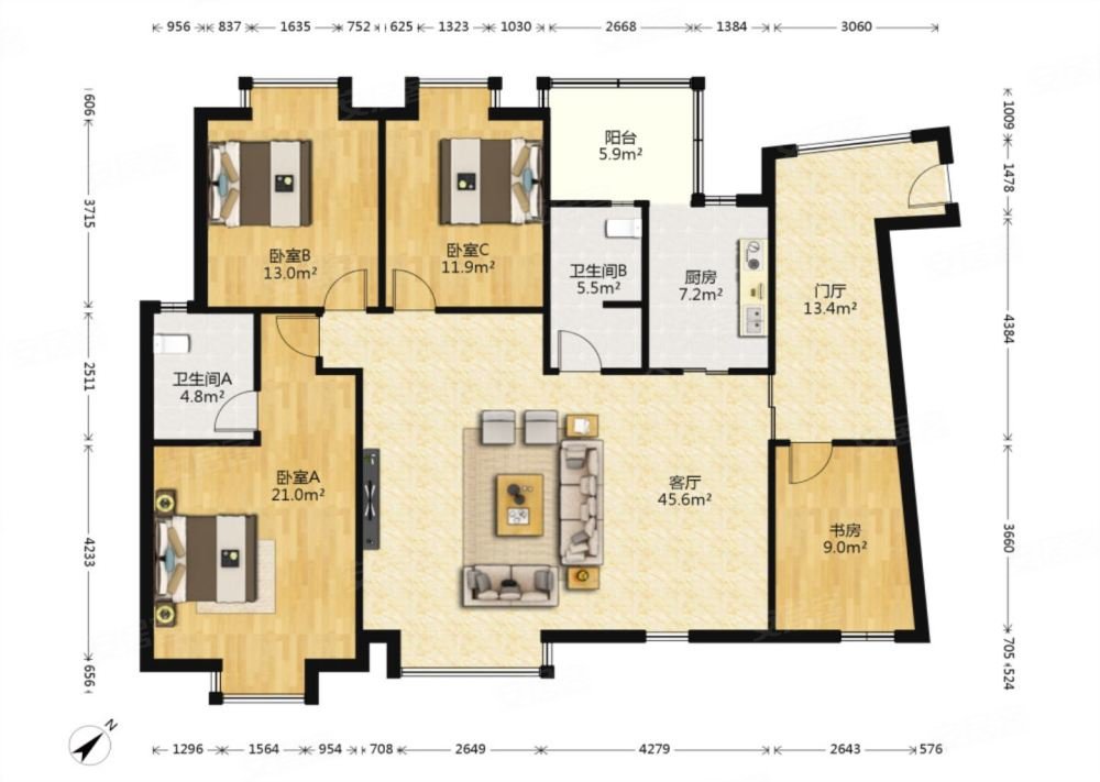 华润翡翠城3期4室2厅2卫122.39㎡南北500万