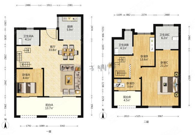 绿地21新城4室2厅3卫141.6㎡南北288万