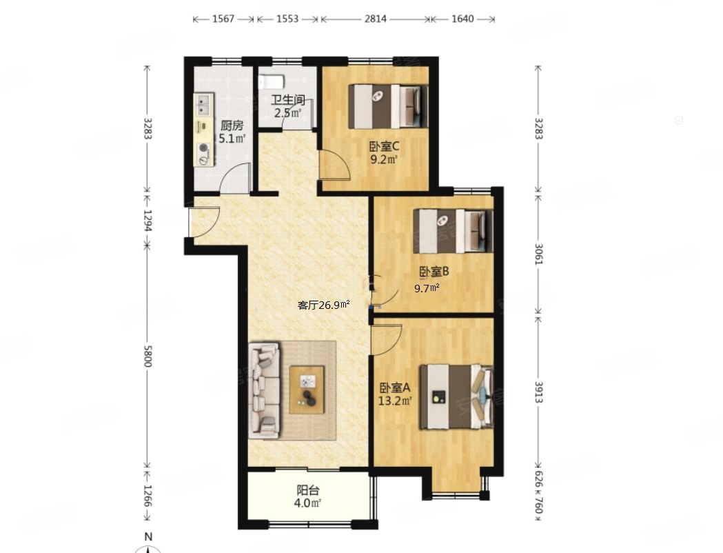三开间朝南 南北通透 采光无遮挡 业主诚心卖 边户三房