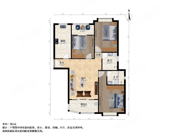 西雅图嘉萱苑3室2厅2卫119.96㎡南北1150万