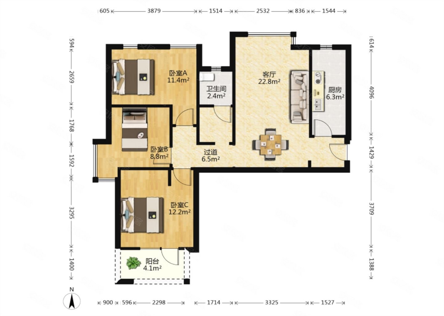 万科红郡3室2厅1卫89.23㎡南北230万