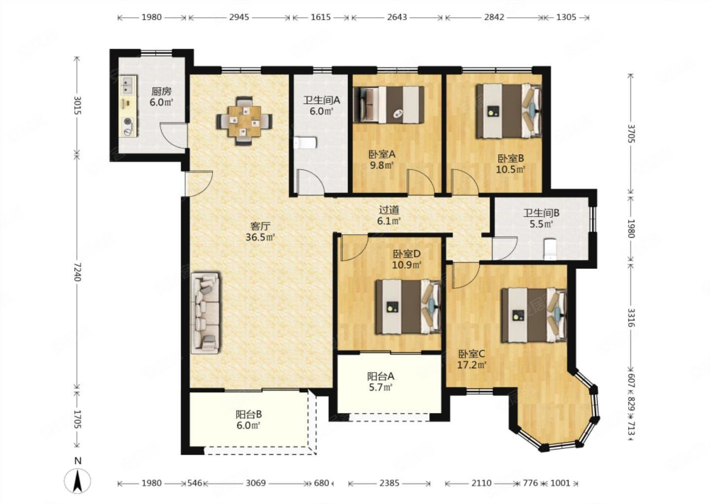 温馨四居室三开间朝南南北正通独立餐厅城西印象百格丽