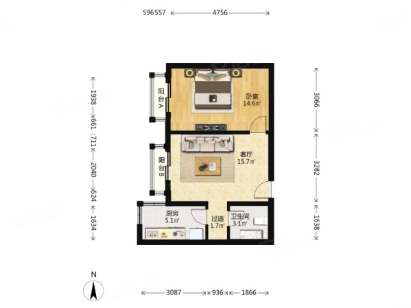 珠江峰景1室1厅1卫58.74㎡西318万