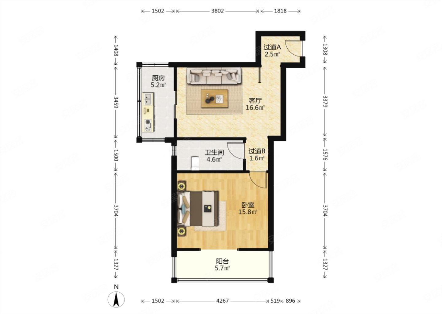 凤五地铁口豪佳花园标准一室全明户型朝南采光视野好
