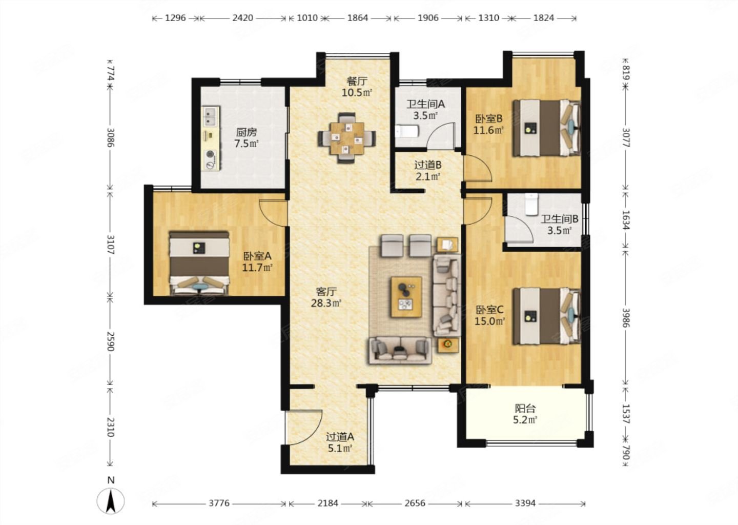 阳光台3653室2厅2卫127.88㎡南北185万