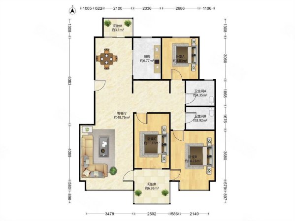 亿达世纪城3室2厅2卫135.92㎡南北299.8万