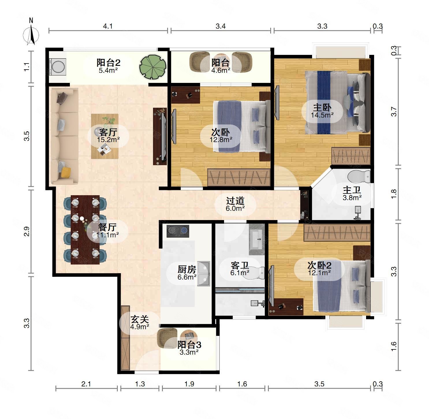 黔龙一号3室2厅2卫122.66㎡南68万