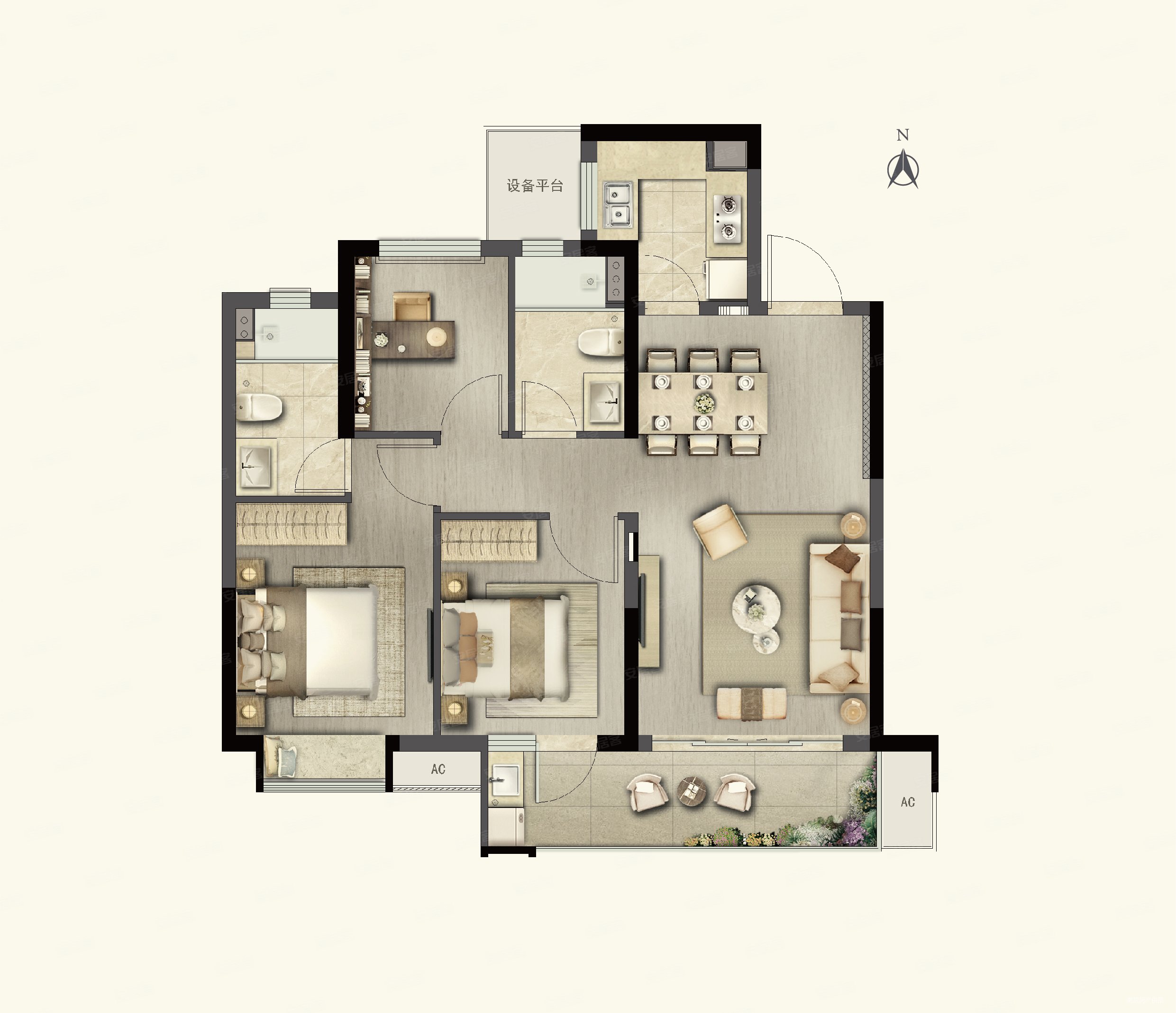 华鸿国樾府3室2厅2卫95.62㎡南北104万