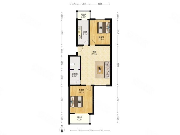 建西苑北里2室1厅1卫84.55㎡南北530万