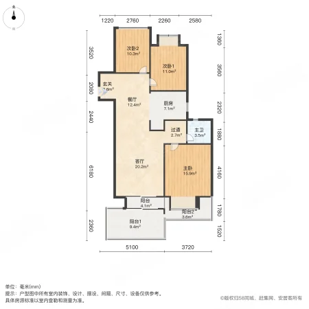 印象湖滨路劲3室2厅1卫101.77㎡南北171万