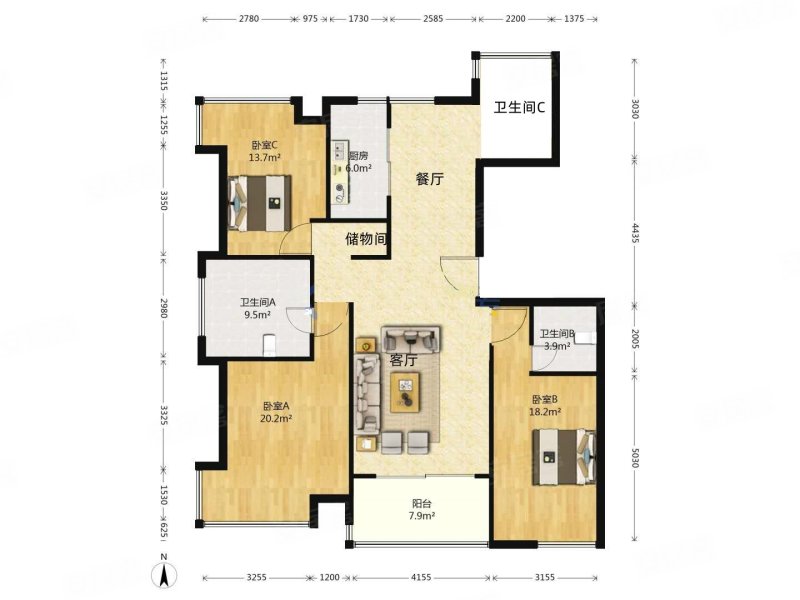 滨湖双玺3室2厅2卫135.6㎡南北670万