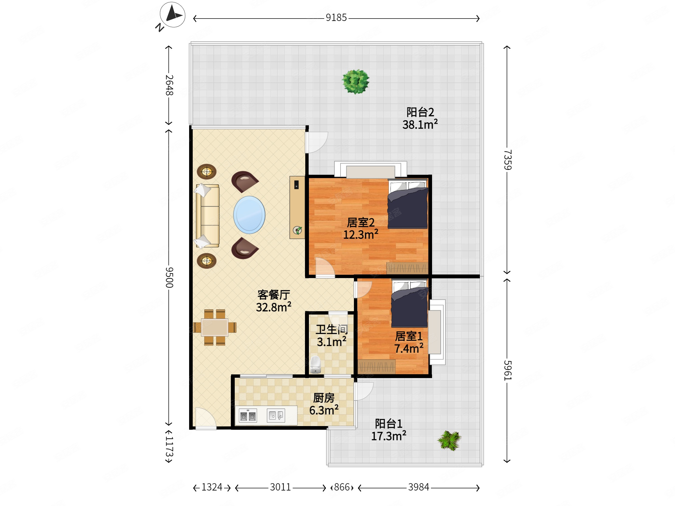 富盈门2室2厅1卫75.55㎡南北435.16万