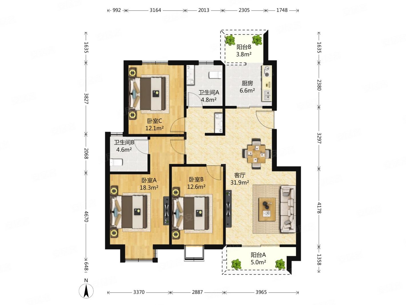 通宇林景雅园3室2厅2卫117.19㎡南北270万