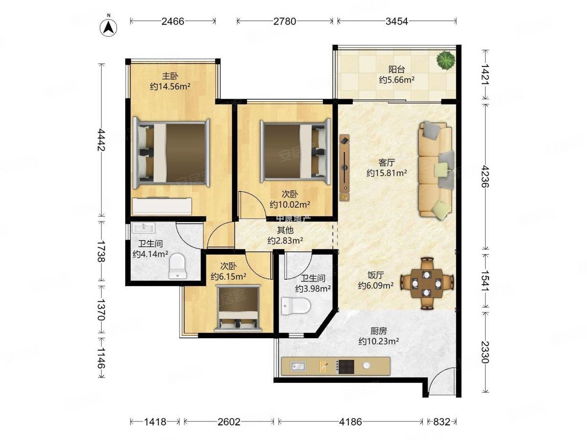 房子方正,厅出阳台,望江,第三金碧花园二手房,500万,3室2厅,2卫,98.
